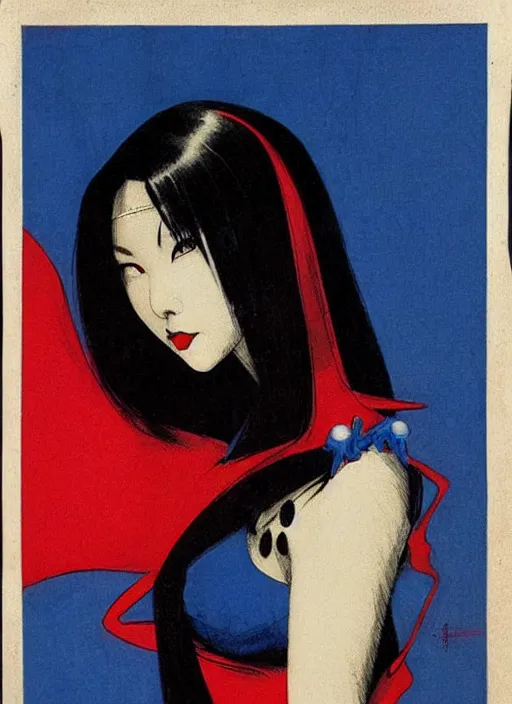 Image similar to portrait of mighty korean vampiress, jeweled veil, blue and red, strong line, saturated color, beautiful! coherent! by frank frazetta, high contrast, minimalism