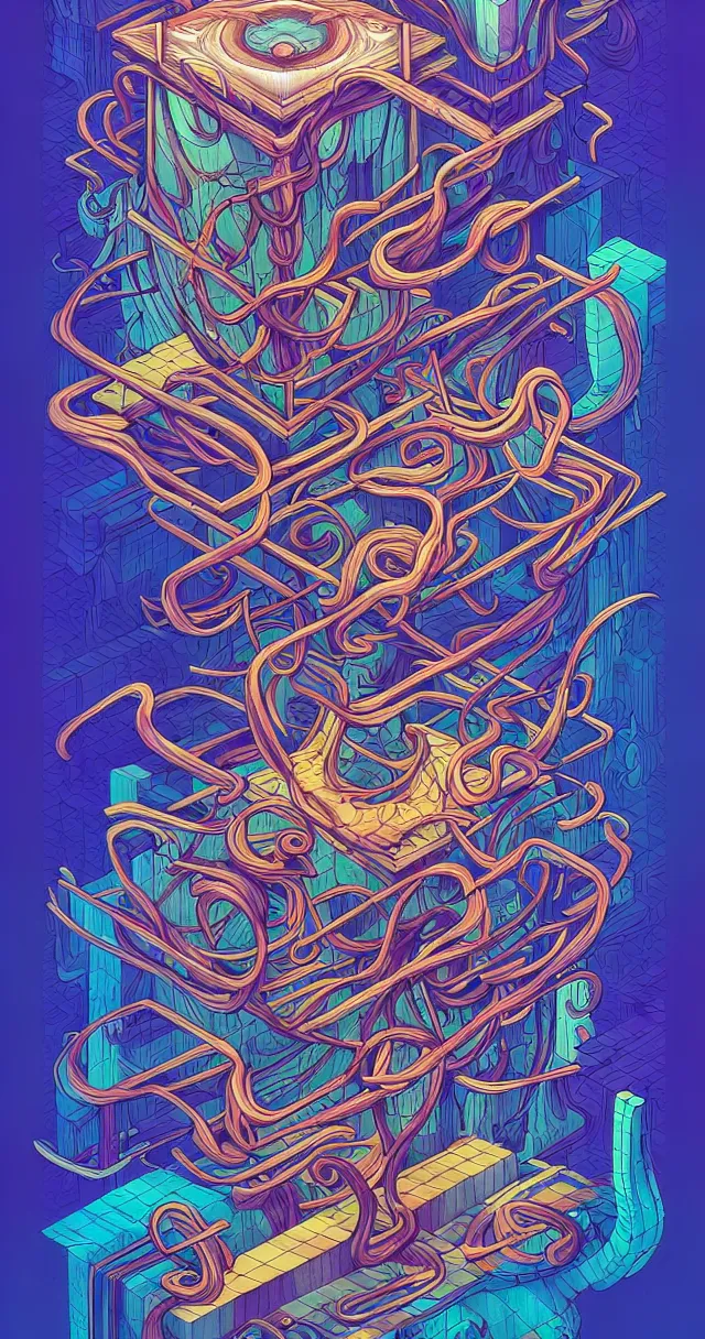 Image similar to arcane twisted turn of fate abstraction, centered award winning ink pen illustration, isometric abstract illustration by dan mumford, edited by craola, technical drawing by beeple and tooth wu, tiny details by artgerm and watercolor girl, symmetrically isometrically centered