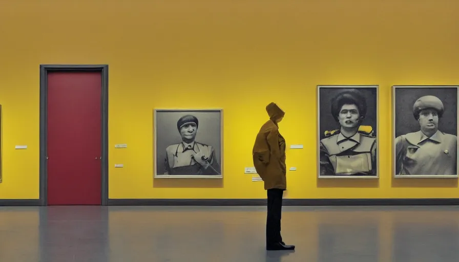 Prompt: 60s movie still of a sovietic stalinist style empty art museum with a soviet congress with yellow wall, KODAK EBX, liminal Space style, heavy grain