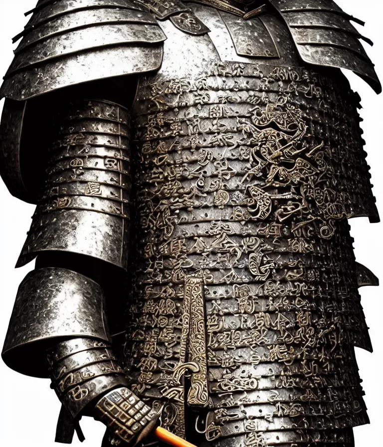 Image similar to detailed photorealistic ancient japanese samurai warrior soldier ⚔ 🪖 ⛩ with traditional japanese engravings and ornamentation on armour and weapons, and shining metallic 3 d surfaces, japanese calligraphy, wide angle, 3 d