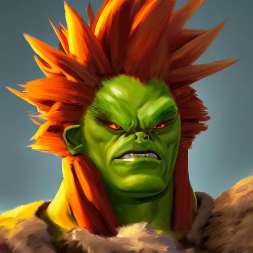 Image similar to greg manchess portrait painting of partially armored blanka from street fighter as overwatch character, medium shot, asymmetrical, profile picture, organic painting, sunny day, matte painting, bold shapes, hard edges, street art, trending on artstation, by huang guangjian and gil elvgren and gerald brom