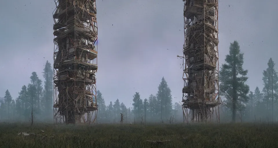 Image similar to Derelict Radio Tower in a pine forest landscape, rendered by zdzisław beksiński, simon stålenhag, Beeple, environment concept, digital art, starwars, unreal engine, 3 point perspective, WLOP, trending on artstation, low level, 4K UHD image, octane render,