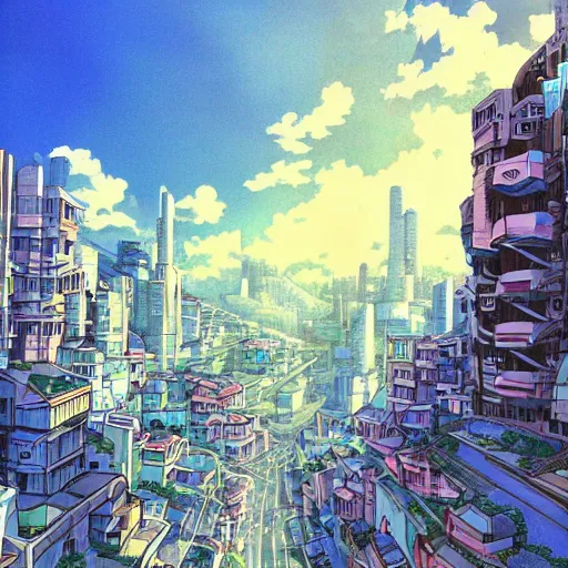 Prompt: futuristic city on a mountainside, colorful city, megacity, clouds on mountain, buildings on mountainside, looking down street, ultra - long street, liminal spaces, sloped street going down, downward slope, cel - shading, cel - shaded, 2 0 0 1 anime, bright sunshine