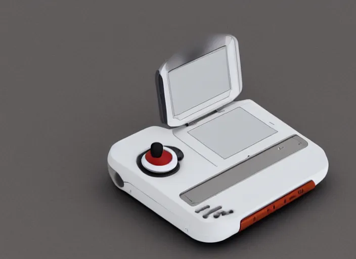 Image similar to retro futurist design of a new handheld console by nintendo, white, aluminium, wood