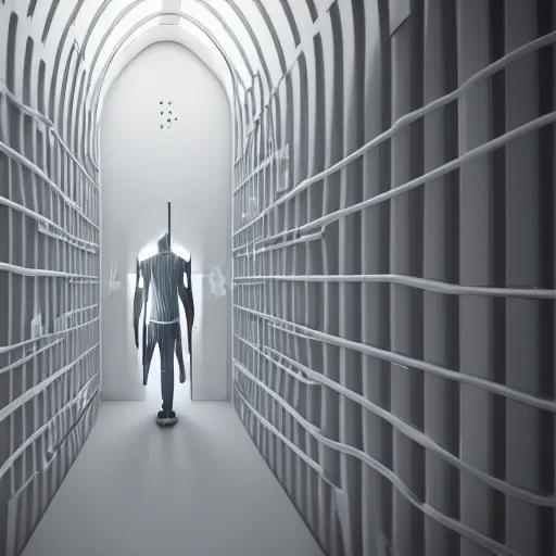 Prompt: futuristic white prison cell, cramped, claustrophobic, small, prison, jail, 4K,