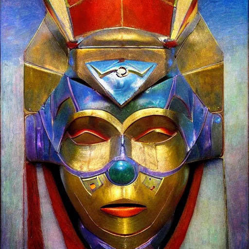 Image similar to the jeweled robot in her bird mask, by Annie Swynnerton and Diego Rivera, symbolist, dramatic lighting, elaborate geometric ornament, Art Deco,god rays, soft cool colors,smooth, sharp focus, extremely detailed, Adolf Wölfli