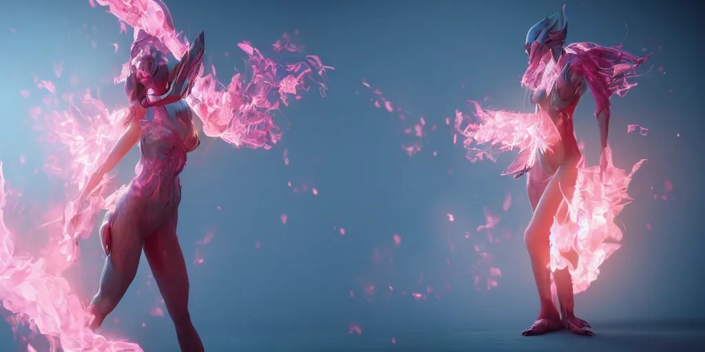 Image similar to pink and blue humanoid woman flaming phoenix, character portrait, unreal engine 5, intricate, detailed, realistic, masterpiece