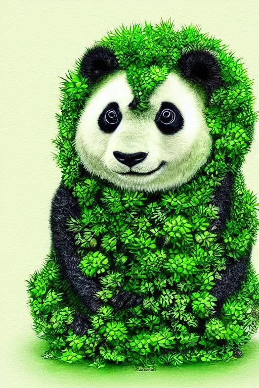 Image similar to a green moss panda, symmetrical, highly detailed, digital art, sharp focus, amber eyes, ferns, trending on art station