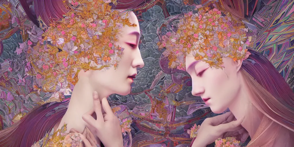 Image similar to breathtaking detailed concept art painting kaleidoscope art deco pattern of blonde faces goddesses amalmation flowers, by hsiao - ron cheng, bizarre compositions, exquisite detail, extremely moody lighting, 8 k