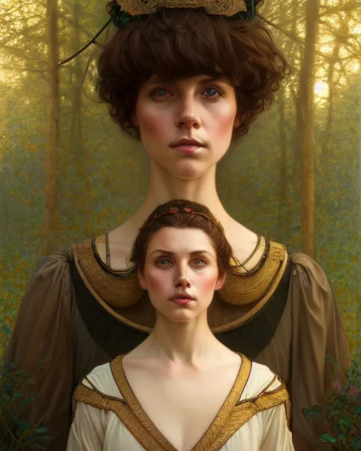 Image similar to symmetry portrait of welsh brunette princess in mans tunic, tomboy, short hair, forest, intricate, elegant, highly detailed, digital painting, artstation, concept art, smooth, sharp focus, illustration, art by artgerm and greg rutkowski and fra angelico and alphons mucha