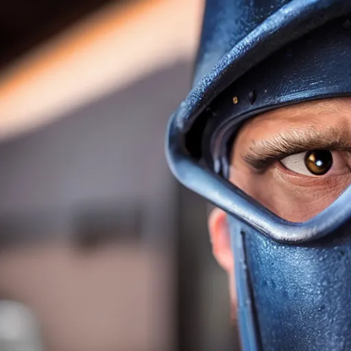 Image similar to close up of face of tf 2 blue spy, live action movie, 8 5 mm f / 1. 4