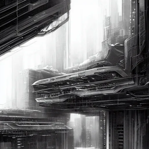 Image similar to a moody black and white neo noir film still of futuristic architecture intricate complexity, by greg rutkowski, artgerm, ross tran, conrad roset, takato yomamoto, ilya kuvshinov. 4 k, beautiful, cinematic dramatic atmosphere