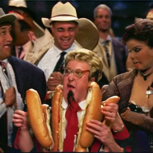 Prompt: an auctioneer gets excited seeing a priceless delicious hot dog, promotional photo, movie still, cinematic,