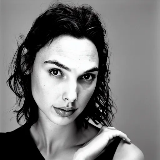 Prompt: photo of Gal Gadot by Diane Arbus, black and white, high contrast, Rolleiflex, 55mm f/4 lens