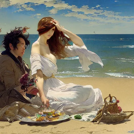 Prompt: a picnic on the beach by by tsuyoshi nagano, greg rutkowski, alphonse mucha