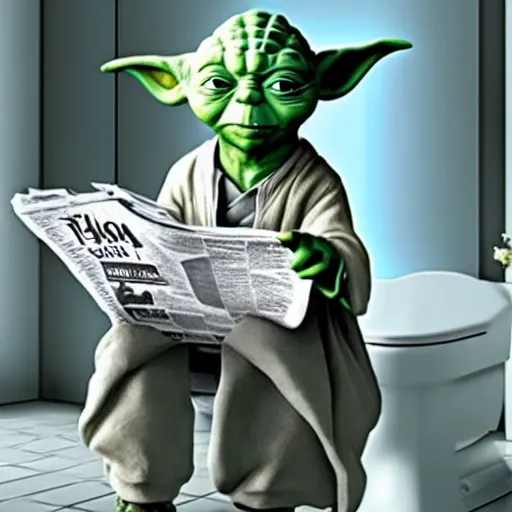 Yoda sitting on the toilet reading the newspaper Stable Diffusion