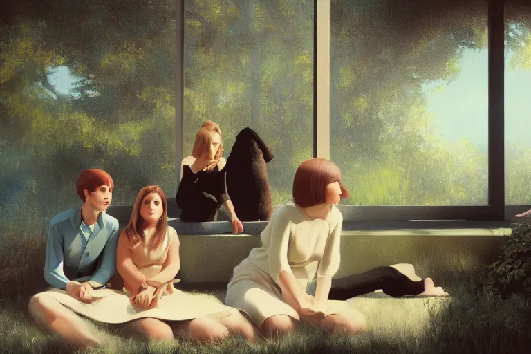 Image similar to beautiful painting of friends, beautiful faces, sitting on the edge, cute, soft light, digital painting by diane arbus and ralph mcquarrie and harry bertoia octane render