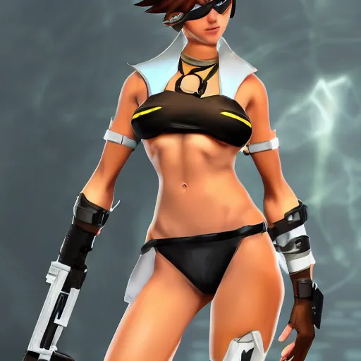 tracer game character, in black bikini, blonde hair