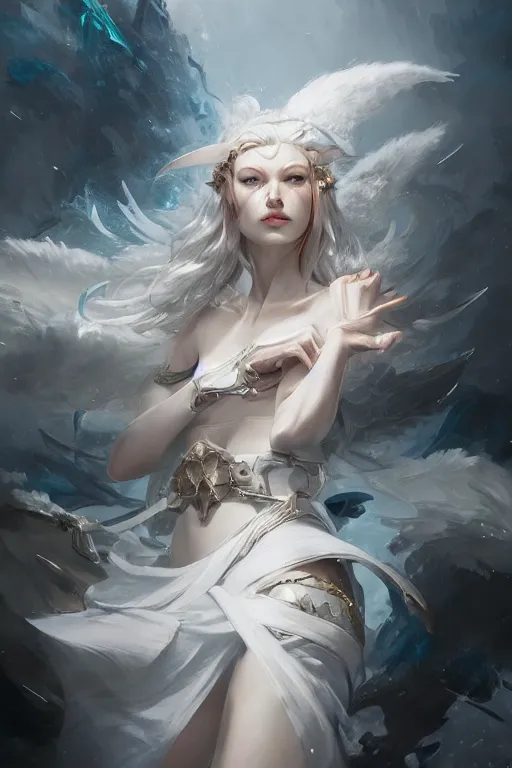 Image similar to beautiful girl warrior in white dress, casting magic spell, angel, magic storm and thunder clouds, fantasy, magic the gathering, hyper detailed, 3 d render, hyper realistic detailed portrait, peter mohrbacher, wlop, ruan jia, luis royo