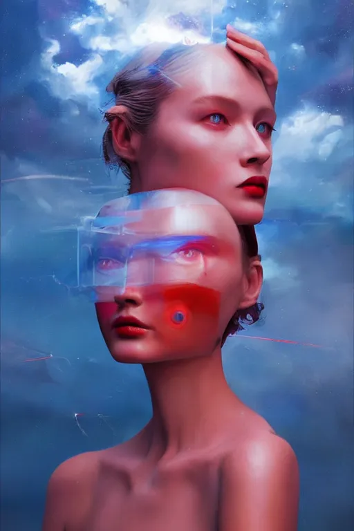 Prompt: 3 d, sci - fi, morning, closed eyes fashion model face, sun, cinematic, lightning clouds, vogue cover style, stanley kubrick, light red and deep blue mood, realistic painting, intricate oil painting, high detail, figurative art, multiple exposure, poster art, 3 d, by tooth wu and wlop and beeple and greg rutkowski