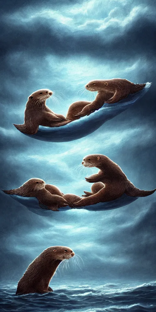 Image similar to adorable otter falling in love holding hands side by side, all alone in the middle of a scary storm at sea, fantasy illustration, cinematic, award winning, romantic, detailed trending on artstation, masterpiece