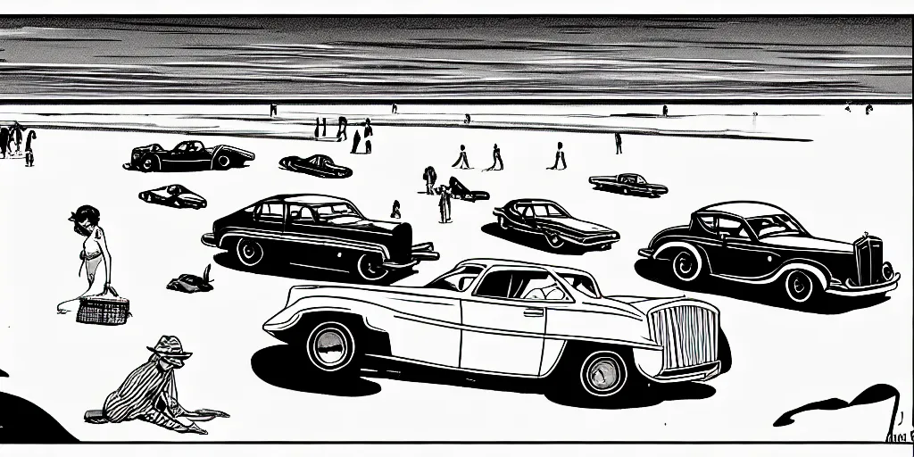 Image similar to vintage cars on a beach, cartoon by moebius, monochrome