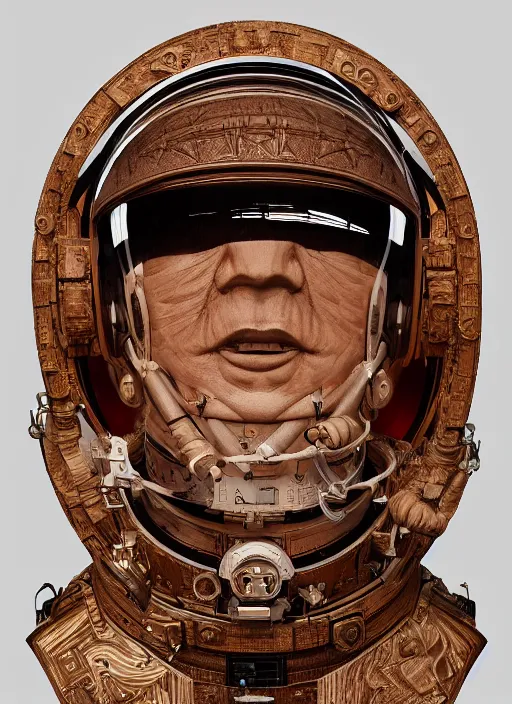 Image similar to high intricate portrait of an astronaut carved from wood in baroque style, studio light, maria panfilova, andrea savchenko, mike kime, ludovic plouffe, qi sheng luo, oliver cook, trending on artstation