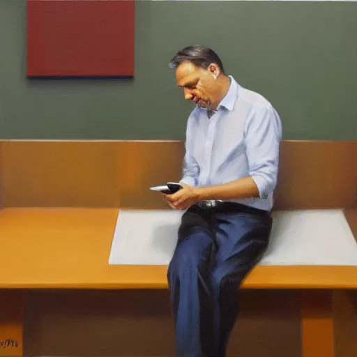 Image similar to viktor orban playing on his phone in a cubicle, oil painting