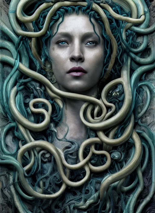 Prompt: medusa made of wax, wooden art nouveau swirls, strong subsurface scattering, cables, tubes, subsurface scattering, in the style of ruan jia and tomasz alen kopera and giger, subsurface scattering, mystical colors, rim light, dramatic lighting, 8 k, stunning scene, raytracing, octane render, trending on artstation