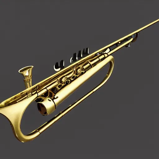 Image similar to trumpet gun, a trumpet with a trigger, magazine, and stock, high quality, unreal engine 5 render, high quality render, octane render, photo realistic, ultra detail, cinematic lighting, realistic