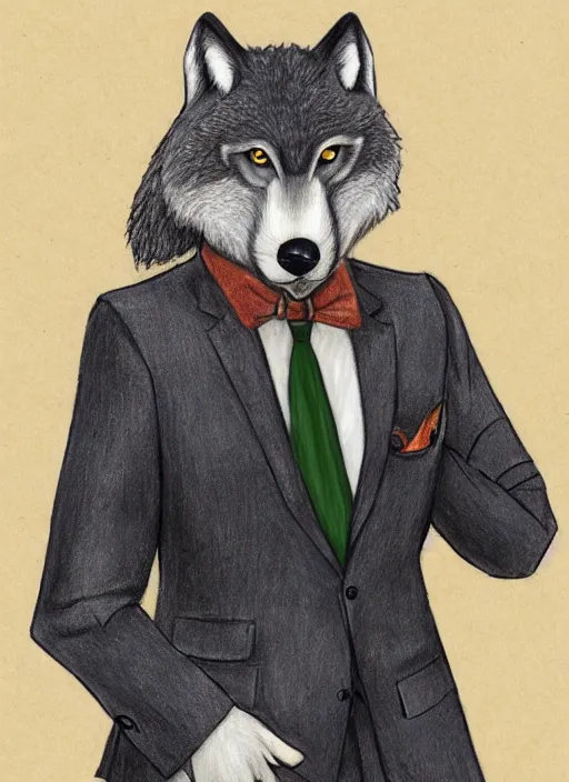 Image similar to master furry artist colored pencil drawing full body portrait character study of the anthro male anthropomorphic wolf fursona animal person detective wearing suit and tie