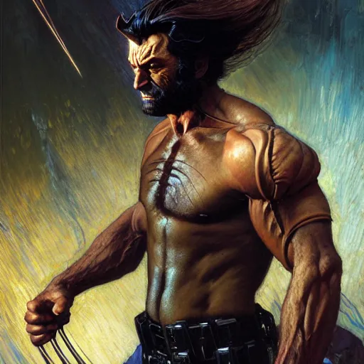 Image similar to portrait of wolverine. shadowrun cyberpunk fantasy highly detailed painting by gaston bussiere craig mullins jc leyendecker gustav klimt artgerm greg rutkowski john berkey, bergey, craig mullins, ruan jia, raymond swanland, jeremy mann, tom lovell, alex malveda