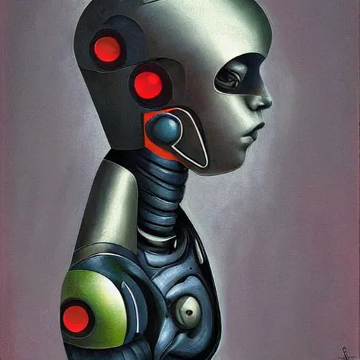 Image similar to half cyborg robot half human boy, surrealism painting art