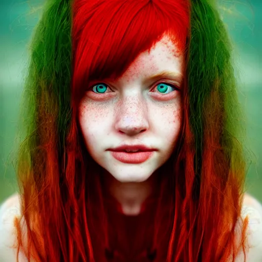 Image similar to a fantastic portrait photograph of a smiling girl with red hair and green eyes by Alessio Albi, symmetrical face, artstation, deviantart, hyperrealism