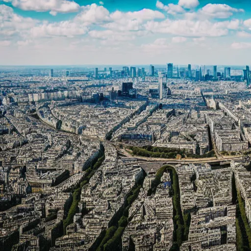 Prompt: an aerial shot of a post - apocalyptical paris overtaken by vegetation