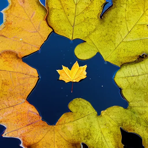 Prompt: close - up of a yellow maple leaf floating on top of a pond, with reflection