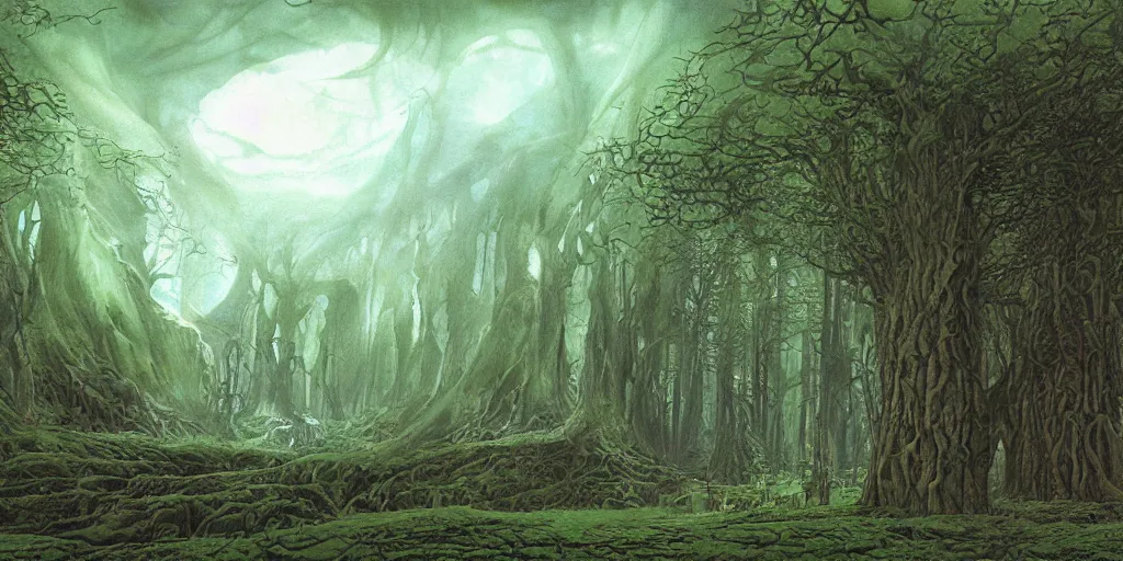 Image similar to Artwork by John Howe of the cinematic view of the Woodland of the Dark Lord.