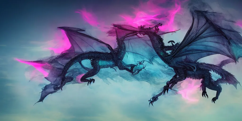 Prompt: dimly lit muted multi-color smoke (blues, greens), muted neon smoke, smoke reminiscent (wispy outline) of fierce flying dragon with large outstretched wings flying, a distant vague city park faint landscape in the background, photographic, stunning, inspiring, super high energy, swift, fast, fleeting, 8K, 4K, UE5