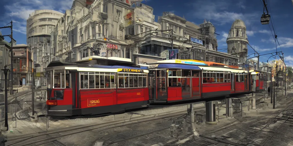 Image similar to triple decker tram, retro futuristic, volumetric lighting, photorealistic, daytime, sunny weather, sharp focus, ultra detailed, 4 0 0 0 k