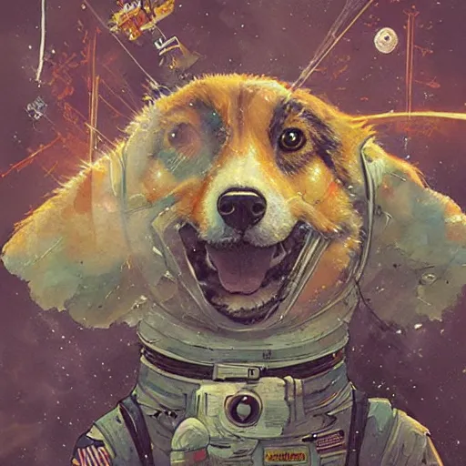 Prompt: a heroic corgi cosmonaut in space, greg rutkowski, simon stalenhag, carne griffiths