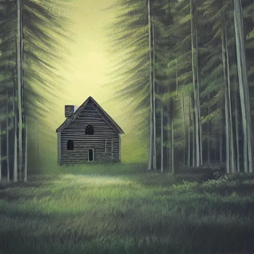Image similar to a painting of a eerie cabin in the middle of the woods in the style of digital art