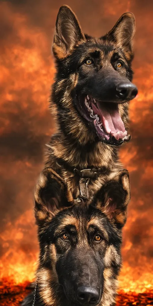 Image similar to close up character portrait of muscular german shepard beast - man, wearing military outfit, standing in hell landscape, 4 k, tone mapping