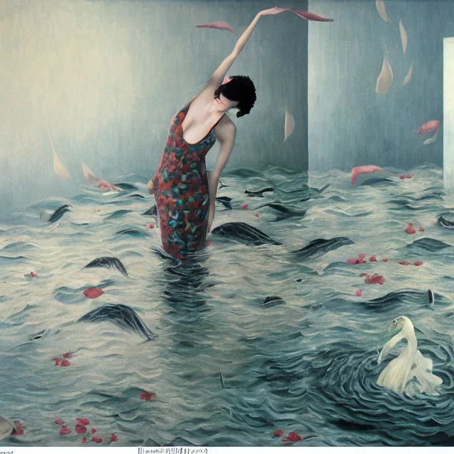 Image similar to tall emo female artist holding a large fish in her flooded apartment, seaweed, pomegranates, octopus, water gushing from ceiling, painting of flood inside an artist's apartment, a river flooding indoors, ikebana, zen, rapids, waterfall, black swans, canoe, berries, acrylic on canvas, surrealist, by magritte and monet