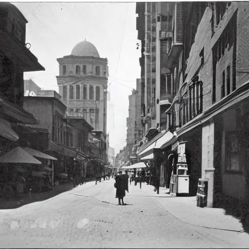 Prompt: city street at 1 9 3 0 s. low angle. old photo