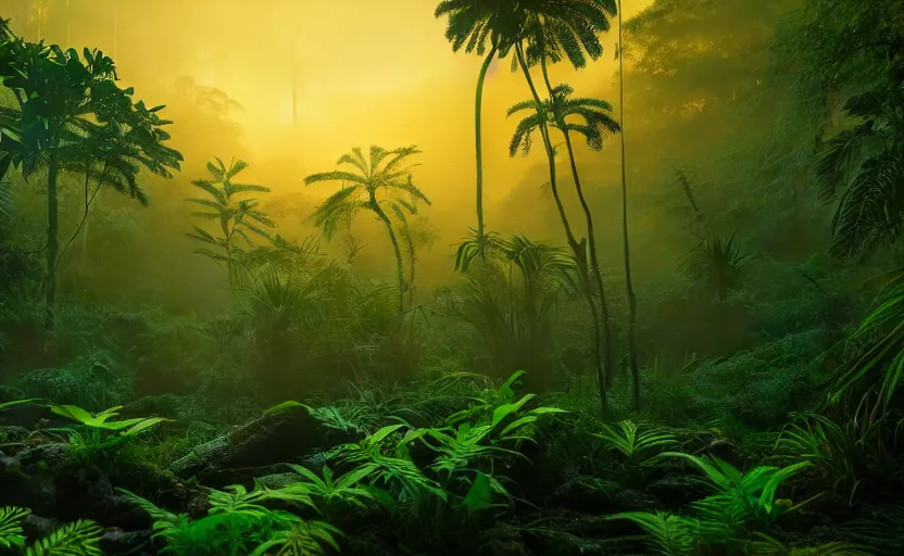 Image similar to a beautiful render of a prehistoric rainforest, lush flora, dark green, orange, intricate detail, sunset, hazy, volumetric lighting, 8 k, photorealistic, raytracing effects, unreal engine 5