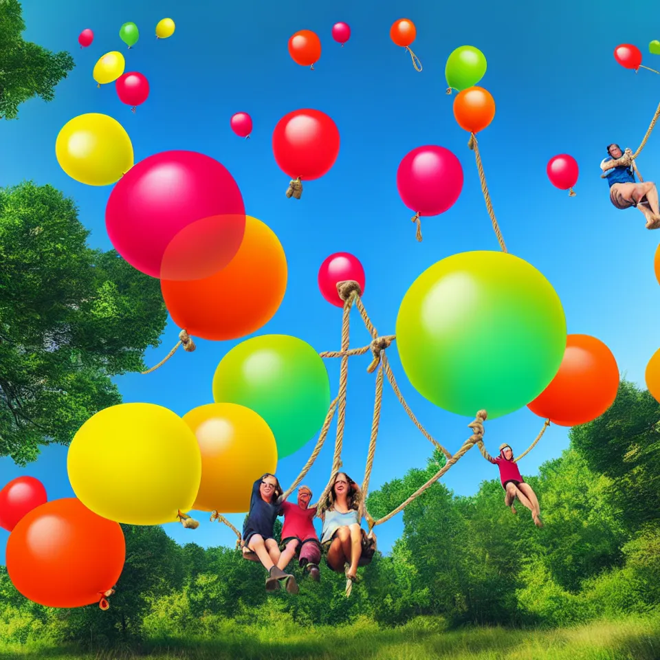 Image similar to large colorful balloons with people on rope swings underneath, flying high over the landscape, realistic, detailed