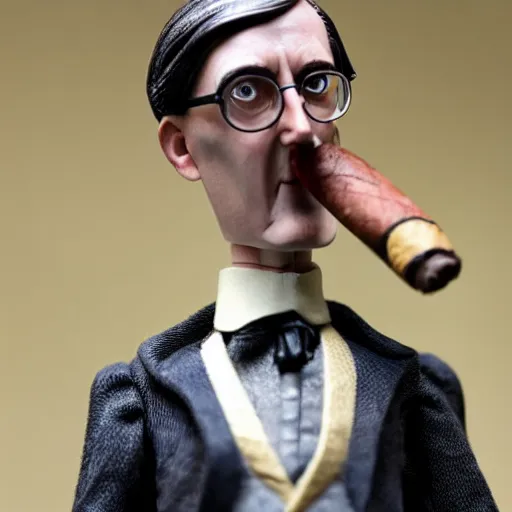 Prompt: detailed jacob rees - mogg action figure, holding wine bottle, smoking a cigar, 5 0 mm photograph