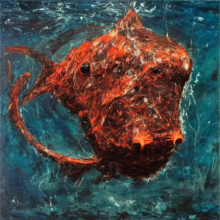 Prompt: Hyperrealistic Studio Photograph of a deep sea humpback anglerfish deep underwater in darkness, award-winning nature deep sea expressionistic impasto oil painting by Cy Twombly and Tim Hawkinson vivid colors hyperrealism 8k