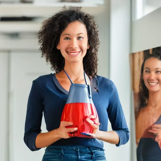 Image similar to woman holding 2 giant jugs while smiling, photorealistic, studio