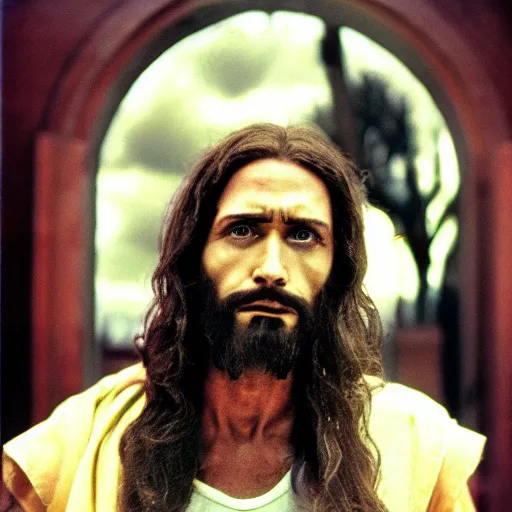 Image similar to A photo of Jesus as slasher villain, f/22, 35mm, 2700K, kodachrome, award winning photography